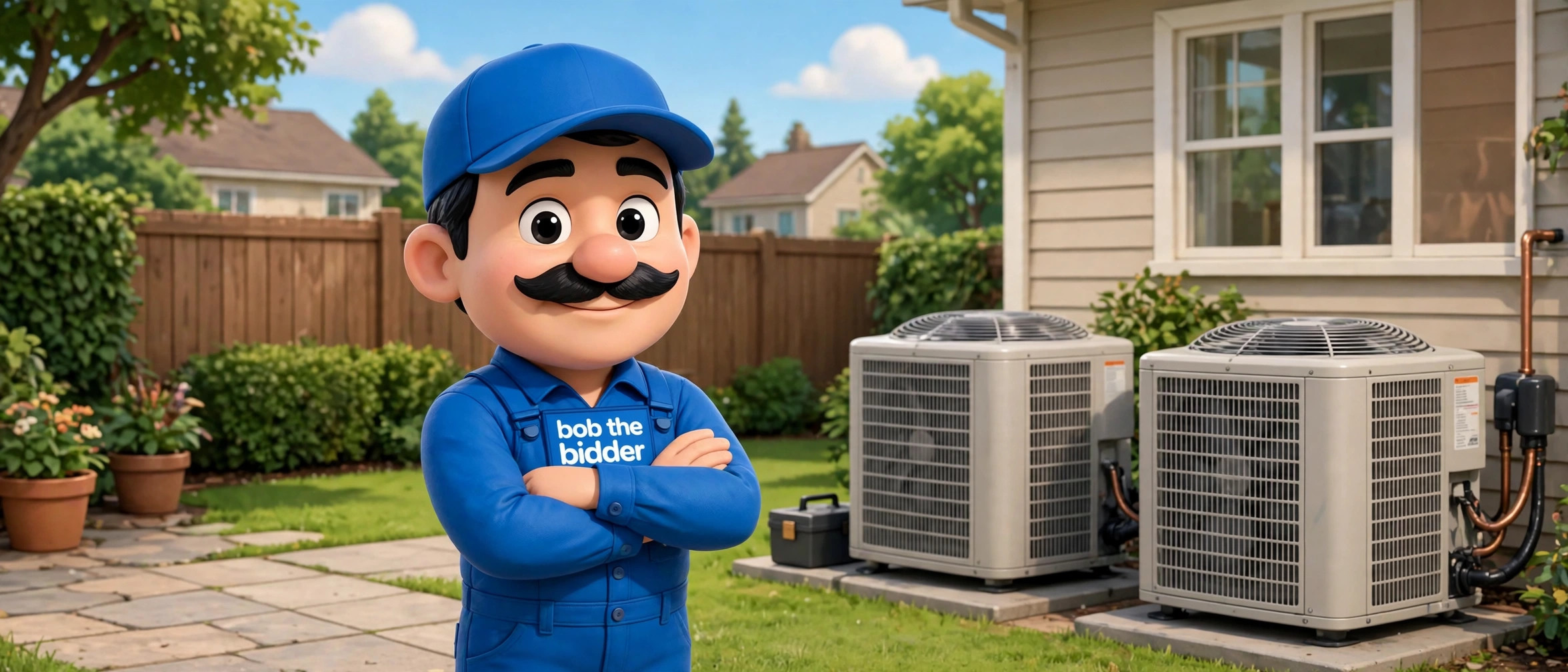 Bob the Bidder standing arms-crossed beside outdoor condensing units