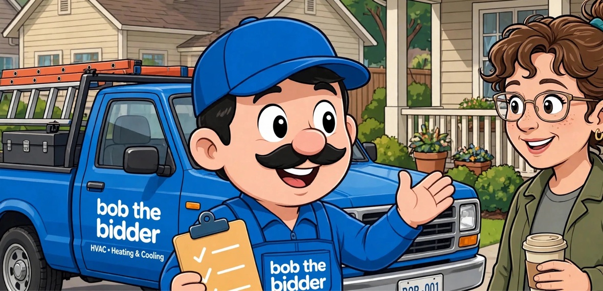 Bob the Bidder greeting a homeowner beside his work truck